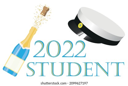 Student 2022.Traditional Swedish graduation cap and a bottle of sparkling champagne with a cork popping out.