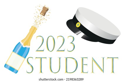 Student 2023.Traditional Swedish graduation cap and a bottle of sparkling champagne with a cork popping out.