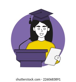 Student in academic cap behind the tribune makes a speech. Woman, diploma defense, bachelors and masters degree, higher education. Vector illustration in yellow and purple colors on white background