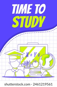 Estudiante en gorra académica, pizarra con ecuación, pila de libros, manzana, globo, útiles escolares. Concepto de regreso a la escuela. Vector póster minimalista, a4. Para Anuncio, cubierta, Web. Fondo a cuadros