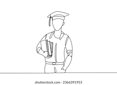 Student in academic cap with books in hand. World Students' Day. One line drawing for different uses. Vector illustration.