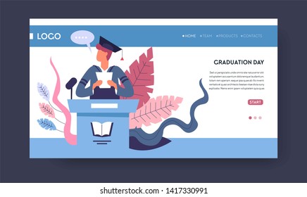 Student in academic hat and mantle school college or university graduation web page template vector education and knowledge degree receiving course or training online distant learning Internet site