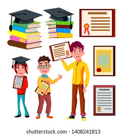 Student Academic Qualification Certificate Vector. Character Young School Boy And Girl Holding Qualification Degree Diploma. Graduate Cap On Stack Books. Education Flat Cartoon Illustration