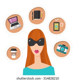 Student accessories icons for young modern people. Flat color vector illustration such as laptop, smartphone with earphones, camera, diary with pen and pencil and coffee to go.