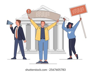 Student activism concept. Man, woman with placard, young guy with loudspeaker. Activists at protest, strike and rally. Freedom of speech and democracy. Linear vector illustration