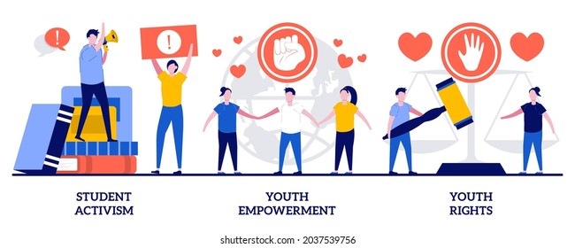 Student activism, youth empowerment, youth rights concept with tiny people. Social movement abstract vector illustration set. Age of majority, democracy building, take action abstract metaphor.