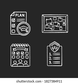 Student activities chalk white icons set on black background. Educational plan. Flatmates agreement. University entertainment. College events. Isolated vector chalkboard illustrations
