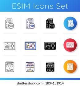 Student activities icons set. Educational plan. University entertainment. College events. Notice board with notes. Linear, black and RGB color styles. Isolated vector illustrations