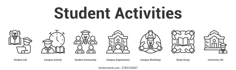 Student Activities web banner icon set vector illustration concept for business with icon of Student Life, Campus Activity, Student Community, Campus Organization, Campus Workshop, Study Gro.