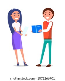 Student answer on professors question vector illustration isolated on white. Smiling cartoon boy pass test to pretty teacher with sheet of paper