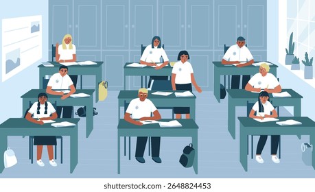 Student answering homework questions in class. Education concept. Teenagers at their desks. Answer from seat. Vector illustration in flat style.