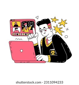 A student answers a teacher's question via video conference on a computer. Online lectures. Distance learning. Self-education, acquisition of new knowledge. Vector illustration isolated.