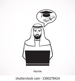 student Arab preparing exam and learning lessons , making research on laptop and browse internet. Vector with bubble speech graduation cap and diploma, black web icon.