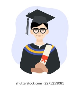 Student of Asian ethnicity in a graduation gown and cap holds a diploma in his hands. Illustration in flat style.