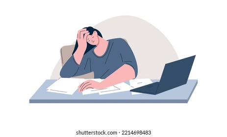 Student asleep at desk. Tired female worker sleeping in workplace. Professional burnout and deadline. Flat cartoon girl character on study