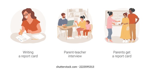 Student Assessment In Elementary School Isolated Cartoon Vector Illustration Set. Teacher Writing Student Assessment Document, Parent-teacher Interview, Parents Get A Report Card Vector Cartoon.