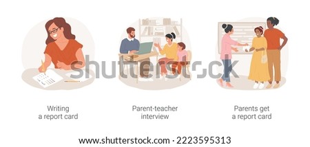 Student assessment in elementary school isolated cartoon vector illustration set. Teacher writing student assessment document, parent-teacher interview, parents get a report card vector cartoon.