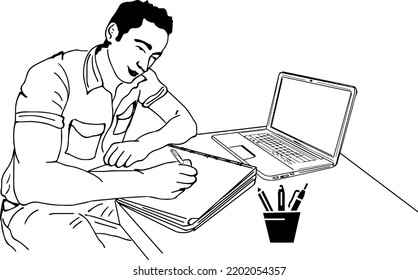 Student attending online class outline vector illustration, young boy attending online class on his laptop sketch drawing, online class on computer cartoon doodle drawing silhouette