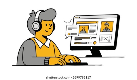 Student attending online learning session with headphones and computer in flat minimalist vector illustration.