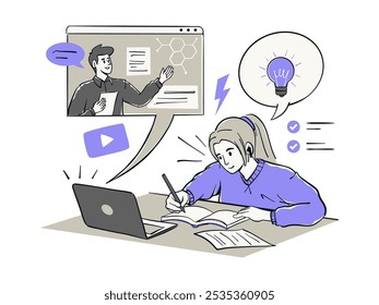 A student attentively taking notes while watching a virtual lecture with ideas, innovations, and a light bulb symbolizing inspiration