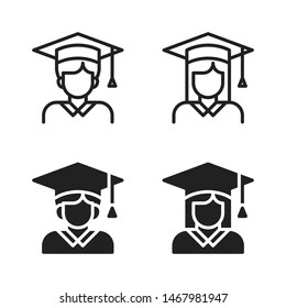 Student Avatar, Boy, Girl, With Graduation Cap, Education School Line, Glyph Icon Set Symbol Vector