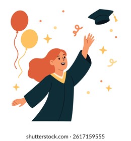 Student awarding of diploma. Young girl tosses her graduate cap. Successful education