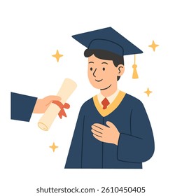 Student awarding of diploma. Young guy with certificate in his hand wearing gown and graduate cap. Successful education.