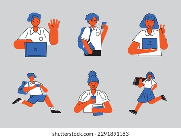 el estudiante de vuelta a la escuela ilustra con un chico y una chica uniformados con bolso, chat, laptop y chat con teléfono móvil