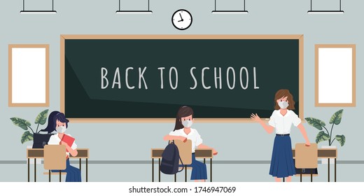 Student back to school with new normal concept. Classroom background.