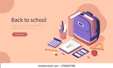 Student Backpack with Book inside and Different School Supplies like Notebook, Pencil, Eraser and Other Education Items at Desk. Back to School Concept. Flat Isometric Vector Illustration.