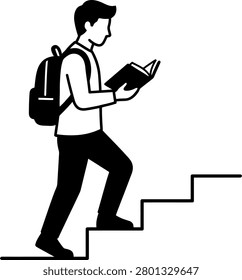 Student with backpack climbing stairs while reading a book