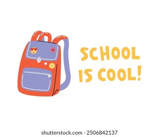 Student backpack with emoji pin badges. Colorful retro bag with short saying. Beginning of academic year concept design. Back to school lettering print isolated. Hand drawn flat vector illustration