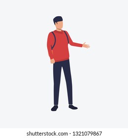 Student with backpack flat icon. Young man pointing hand, casual clothes, tourist. People concept. Can be used for topics like presentation, tourism, walk