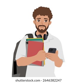 Student with a backpack, headphones, and books in hand checks his phone heading to school. Flat Vector character illustration
