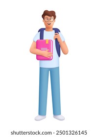 Student with backpack holding book. Study, education, back to school, knowledge concept. 3d vector people character illustration.Cartoon minimal style.