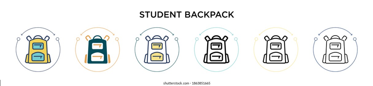 Student backpack icon in filled, thin line, outline and stroke style. Vector illustration of two colored and black student backpack vector icons designs can be used for mobile, ui, web