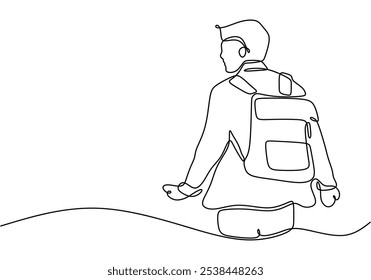 Student with a backpack on his back illustrated in continuous one line drawing. Education concept emphasizing youth and exploration.