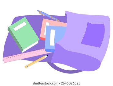 Student Backpack Open with Books, Pencils, and Ruler Spilled Out