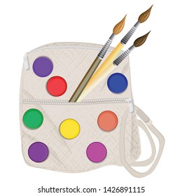 Student backpack with paints and brushes - isolated on white background - vector. Back to school. Art Studio.