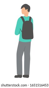 Student with a backpack is standing with back. Isolated on a white background. Flat design. Vector illustration.