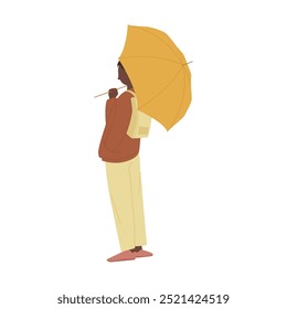 Student with backpack standing and holding yellow umbrella, rear view vector illustration