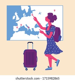 Student with a backpack and a suitcase standing before a world map. International Education, Backpacker, International schools.
