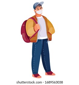 student with a backpack and wearing a protective mask against viruses, isolated object on a white background, vector illustration, eps