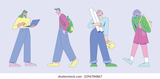 Student Сharacters with Backpacks, Laptop, paper rolls and palette in full length Standing Poses. Fashionable Young People, teenagers. Vector flat illustration.