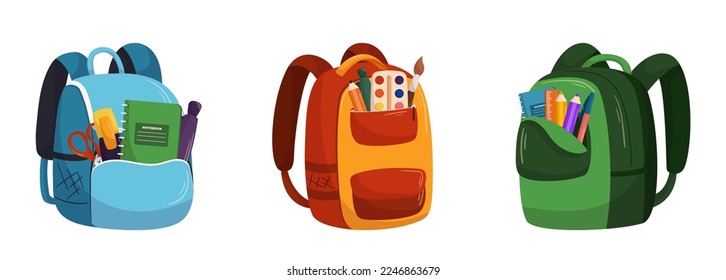 Student Backpacks with Paints, Stationery and Notebook. Schoolbags for Girl or Boy, Kid School Bags, Modern Knapsacks and Rucksacks for Baby with Slings and Pockets. Cartoon Vector Illustration, Icons