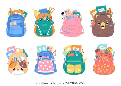 Student backpacks with school stationary. Back to school accessories, kids shoulder bags with rulers, textbooks and notebooks, cartoon flat style isolated illustration, vector set