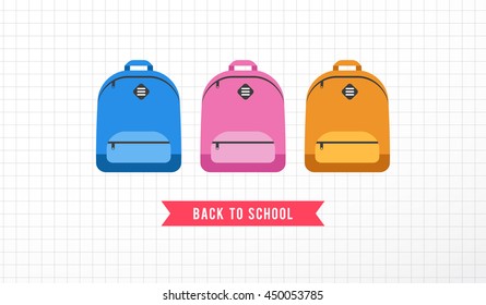 Student bag, backpack colorful set of icons. Back to school concept