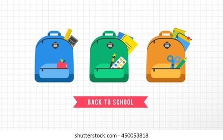 Student bag, backpack colorful set of icons. Back to school concept