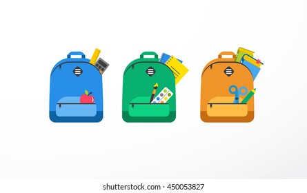 Student bag, backpack colorful set of icons. Back to school concept