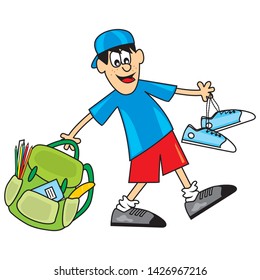 Student with bag and sneakers, boy goes to school, vector funny illustration.
